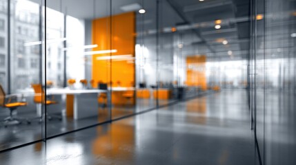 Poster - A contemporary office showcases glass walls allowing natural light, with stylish orange chairs and decor creating a vibrant work environment suitable for collaboration.