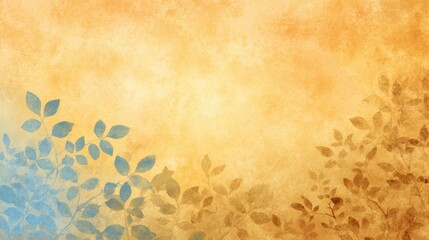 Poster - A serene gradient background features soft shades of orange and yellow with delicate leaf silhouettes in blue and brown, ideal for artistic projects and calming designs.