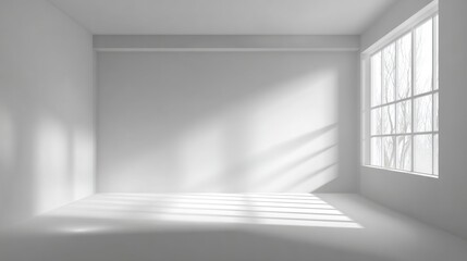 Poster - A bright room features plain white walls and ample space. Sunlight streams through a large window, casting serene shadows on the floor, creating a calm and inviting atmosphere.