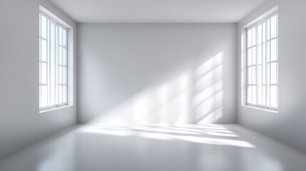 Poster - Sunlight casts gentle shadows on the floor of a spacious, empty room with white walls and large windows. The minimalist design creates a calm and inviting atmosphere.