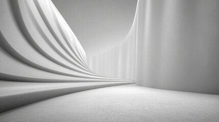 Poster - Curved white walls create a seamless flow in a spacious area, emphasizing simplicity and elegance. The minimalist design showcases light and shadow interplay.