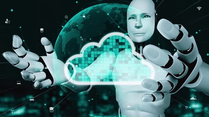 Poster - AI robot huminoid uses cloud computing technology to store data on online server . Futuristic concept of cloud information storage analyzed by machine learning process . 3D rendering .