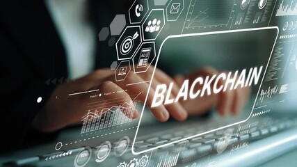 Fototapete - Futuristic Technology Concept with Blockchain Interface Overlaid on Laptop Keyboard for Digital Innovation Imagery. Asymptotic smart data analytic.