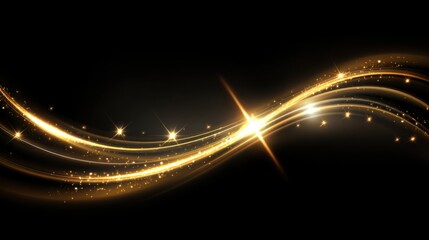 Poster - Golden light trails swirl elegantly across a dark background, creating a captivating visual effect. Twinkling stars add a magical touch to this artistic composition.