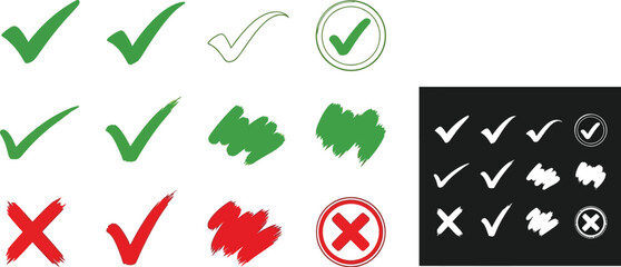 Poster - Check mark vector set green and red icons right and wrong choice symbol isolated on white and black background