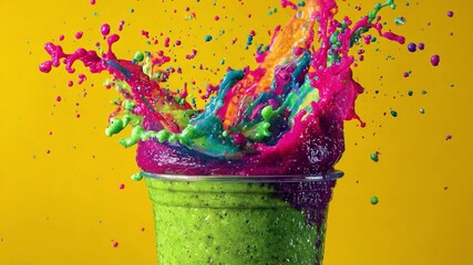 Poster - Vibrant Liquid Explosion: A colorful, dynamic burst of liquid frozen in mid-air, with vivid hues dancing against a bright background. This photorealistic capture of a splash.