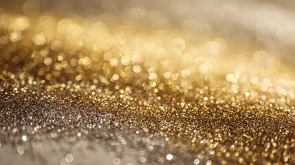 Poster - A close-up view of shimmering golden glitter covers a textured surface, creating a captivating display of light and sparkle that enhances the festive atmosphere.