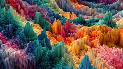 Poster - This artwork presents a mesmerizing abstract landscape filled with vibrant peaks in various hues. Each formation showcases intricate textures, creating a stunning visual experience.