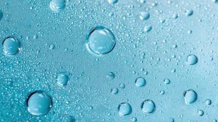 Poster - Tiny water droplets gather on a smooth surface, forming an intricate pattern against a vibrant teal background, showcasing nature's artistry and unique textures.