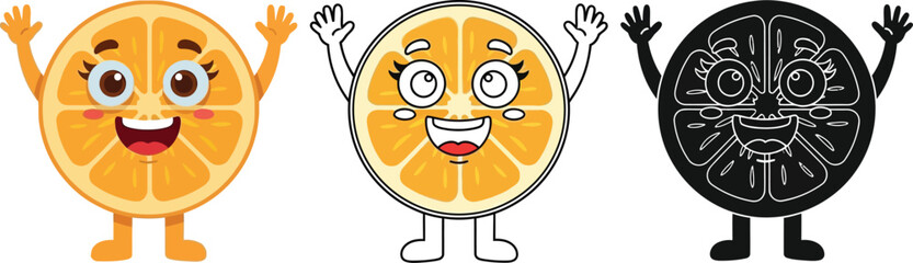 Fototapete - Cute orange slice cartoon character vector illustration for kids coloring pages and educational resources