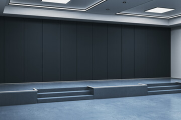 Poster - Empty modern stage with clean dark wall panels and steps in a contemporary indoor conference room interior for product or logo presentation mockup. 3D Rendering