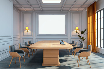 Poster - Modern luxury boardroom interior with wooden table, elegant chairs, large display screen, and warm lighting in a spacious corporate office. 3D Rendering