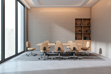 Poster - Modern boardroom interior with beige chairs, wooden desk, open shelf, and city view through large glass windows in contemporary office setting. 3D Rendering