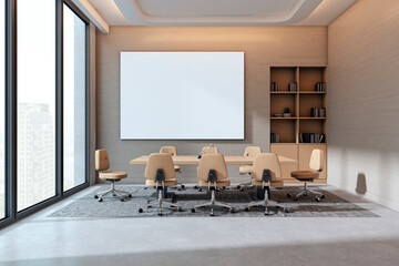 Poster - Modern corporate boardroom interior with blank canvas display and beige chairs in spacious office with city view and wooden bookshelf decor.. 3D Rendering