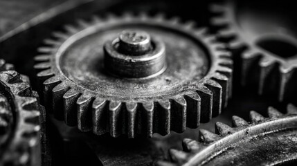 Poster - A close view of aged metallic gears, highlighting their teeth and texture.
