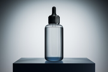 Poster - Transparent cosmetic dropper bottle mockup on dark podium with gradient background for branding and product presentation concept. 3D Rendering