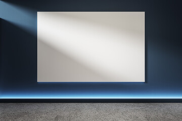 Poster - Blank poster on dark blue wall with spotlight in modern interior gallery room for advertising or presentation mockup template display concept. 3D Rendering