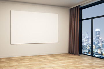Poster - Blank horizontal canvas mockup on modern interior wall with city night view through window in stylish room with wooden floor and curtains. 3D Rendering
