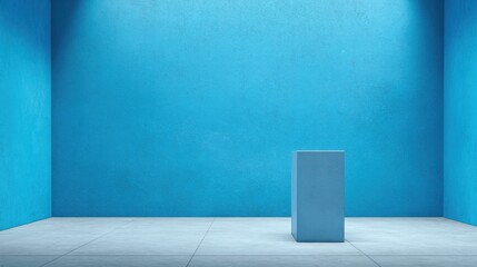 Poster - This bright room showcases a vivid blue wall and floor, with an empty pedestal in the center, creating a calm and modern setting suitable for an art exhibit.