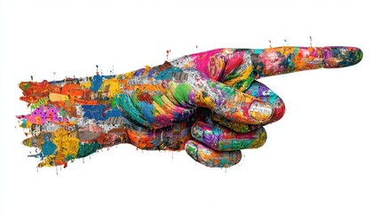 Poster - A vividly painted hand emerges with splashes of color, pointing decisively. The artwork blends shades harmoniously, capturing attention. This piece emphasizes creativity and individuality.