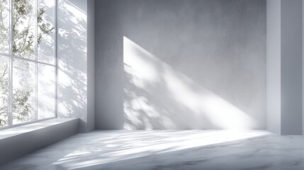 Poster - This serene interior features a spacious room with large windows allowing natural light to pour in, creating gentle shadows against the walls. The minimalist design emphasizes tranquility.