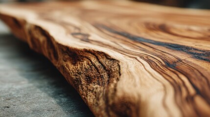 Poster - A detailed examination reveals the rich tones and unique textures of a wooden slab in a workshop. The natural patterns highlight the craftsmanship and beauty of the wood.