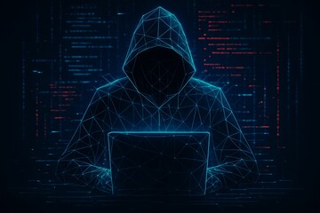 abstract polygonal hacker with laptop on technology dark background. cyber attack and cyber security