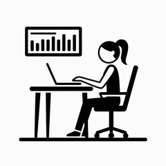 Poster - Woman working on laptop at desk with financial graph on screen silhouette isolated on white background