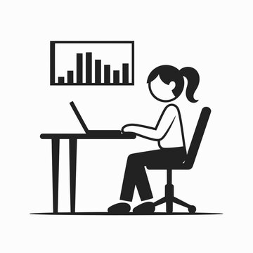 Woman working on laptop at desk with bar graph on screen silhouette isolated on white background