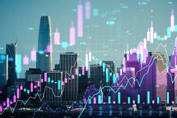 Poster - Financial chart over San Francisco skyline with digital economic data and stock market graphs in double exposure concept for business growth.