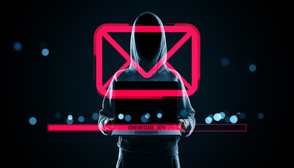 Fototapete - Hacker in hoodie holding laptop with neon red email icon, symbolizing digital communication, cybercrime, or anonymous messaging concept.