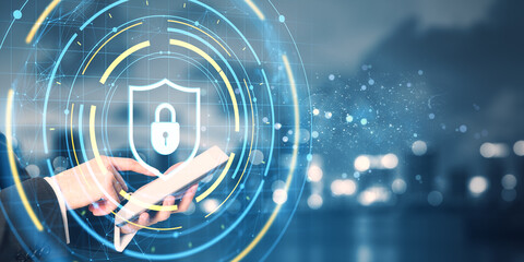 Fototapete - Cybersecurity padlock shield hologram interface with businessman using tablet device on futuristic digital network background for data protection.