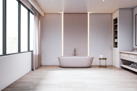 Minimalist luxury bathroom interior with freestanding bathtub, large windows, and soft lighting in upscale apartment setting. 3D Rendering