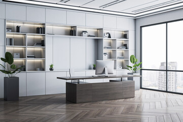 Poster - Modern luxury executive office with minimalist furniture, large windows, and city view in elegant workspace interior design concept. 3D Rendering