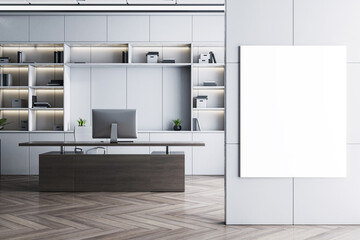 Poster - Modern executive office interior with luxury desk and blank vertical poster canvas on wall in clean workspace environment for presentation display. 3D Rendering