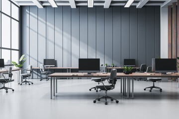 Poster - Modern empty office interior with computer desks and chairs in bright coworking workplace with corporate design and clean luxury workspace. 3D Rendering