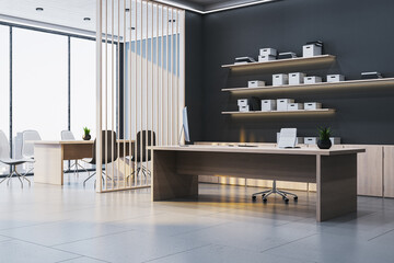 Poster - Modern executive office interior with luxury desk, stylish furniture, and panoramic city view in upscale workplace concept room. 3D Rendering