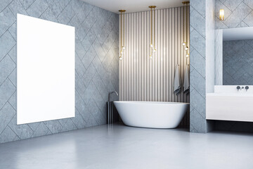 Poster - Vertical mockup canvas on wall in modern luxury bathroom interior with bathtub, sink, and stylish lighting for presentation or poster design concept. 3D Rendering