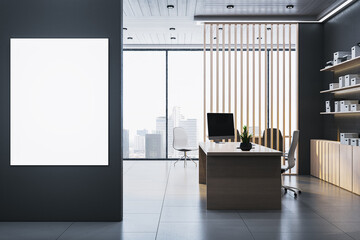 Poster - Modern executive office interior with luxury desk, vertical mockup poster and contemporary workspace design in high-rise building setting. 3D Rendering
