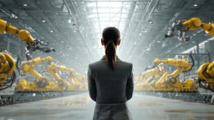 Poster - Industrial Automation: A person stands in a high-tech factory, observing robotic arms, symbolizing technological advancement and the future of manufacturing. 
