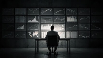 Poster - Navigating Market Analytics: A solitary figure, silhouetted against a wall of digital screens, immersed in intricate market data analysis, hinting at a complex business environment.
