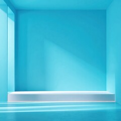 Poster - A vibrant blue room features a simple platform illuminated by natural light. The clean lines and lack of clutter create a serene atmosphere conducive to creativity and relaxation.