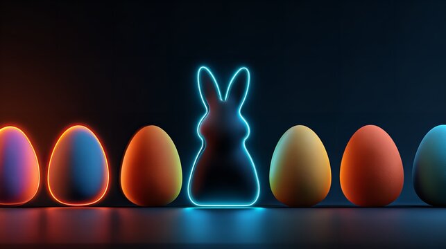 Lilac gradient background, glowing LED Easter Bunny neon sign above ceramic eggs