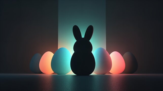 Lilac gradient background, glowing LED Easter Bunny neon sign above ceramic eggs