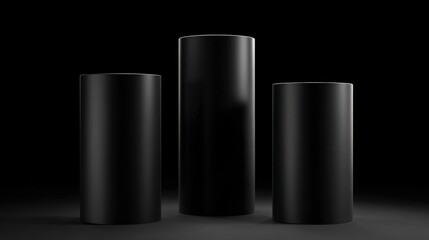 Poster - Three tall, black cylindrical structures are arranged on a dark surface. The setting is minimalist, with focused lighting creating a dramatic effect.