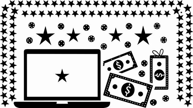Black and white illustration featuring a laptop with a star, money, gift, and star border elements | editable eps vectors silhouette