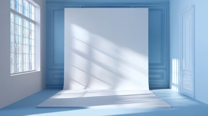 Poster - A spacious studio area features a white backdrop illuminated by bright sunlight streaming through large windows. The soothing blue walls enhance the tranquil atmosphere.