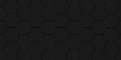Poster - Seamless pattern with hexagons. Hexagonal structure futuristic black background and Embossed Hexagon. Hexagonal honeycomb pattern background with space for text. Abstract Technology, Futuristic.	
