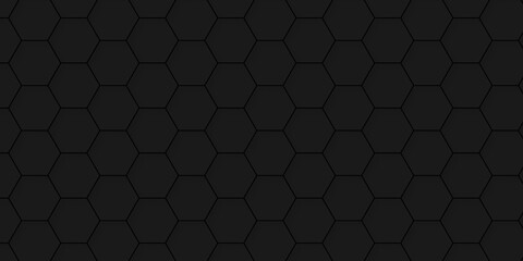 Poster - Seamless pattern with hexagons. Hexagonal structure futuristic black background and Embossed Hexagon. Hexagonal honeycomb pattern background with space for text. Abstract Technology, Futuristic.	