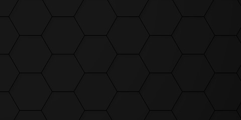 Poster - Seamless pattern with hexagons. Hexagonal structure futuristic black background and Embossed Hexagon. Hexagonal honeycomb pattern background with space for text. Abstract Technology, Futuristic.	